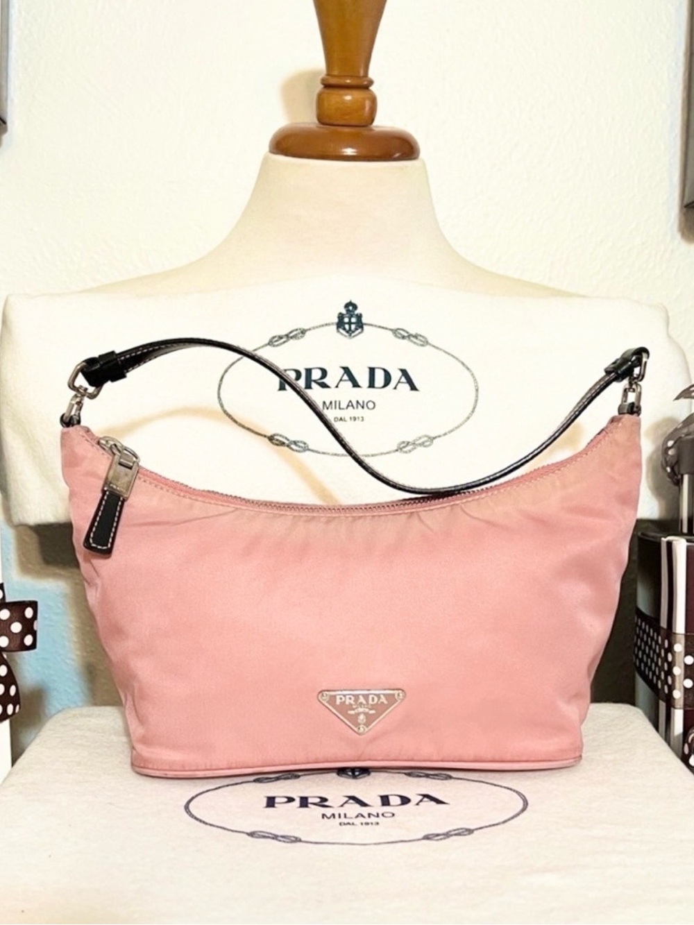 PRADA⭐️Blush Pink Tessuto Nylon Shoulder Bag with Black Leather accents!